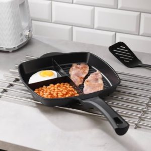 photo of cast iron skillet with three sections to cook different things