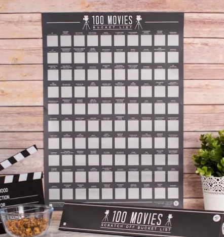 Black and white board with 100 movies bucket list. Photos of movies can be revealed when scratched off. Great Valentine's day gift.  