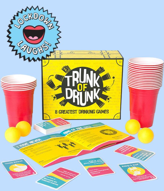 trunk of drunk box set of 8 drinking games. includes games such as Beer Pong, Ring of Fire, I Have Never and Flip Cup. 