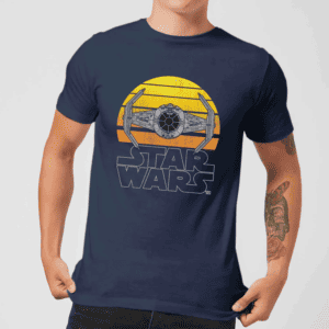 picture of navy blue t-shirt with yellow sunset and the words 'star wars' written across the front 