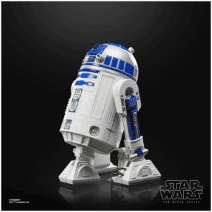 White and blue R2-D2 action figure with a black background. Star wars logo on the bottom of the image.