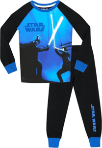 set of blue and black pyjamas featuring Luke Skywalker and Darth Vader in battle. Lightsabres on the product glow in the dark.