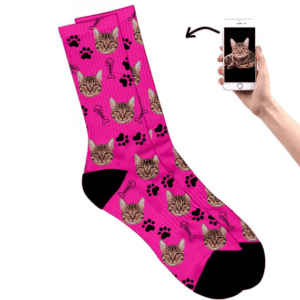 Pair of pink socks with cat's face on them. Picture of cat provided by owner. customizable socks. 