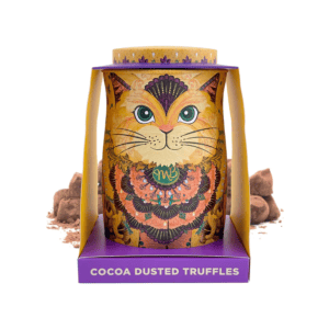 Photo of a beautiful tin from Twinings in the shape of a cat and filled with butterscotch flavoured truffle chocolates. 