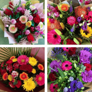 Photo of brightly coloured bouquets of flowers 